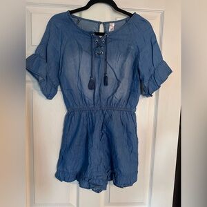 Girls Justice Chambray Blue Lace-Up Short Sleeve Ruffle Romper Sz 14